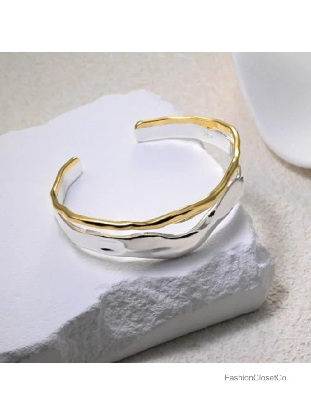Sterling Silver Two Tone Open Cuff Bracelet Double Layer Hammered Texture Chunky